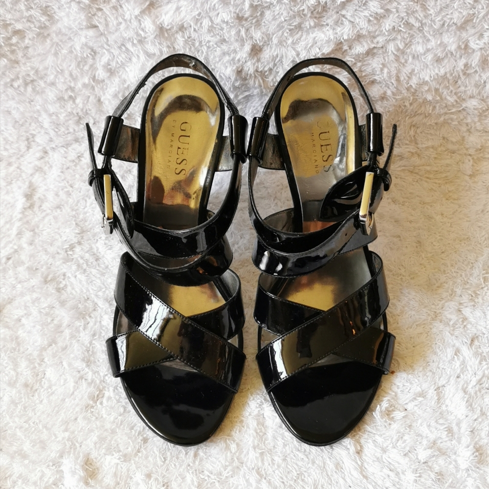 Strapped Open Toe Heels, 7M, Patent Leather, Black